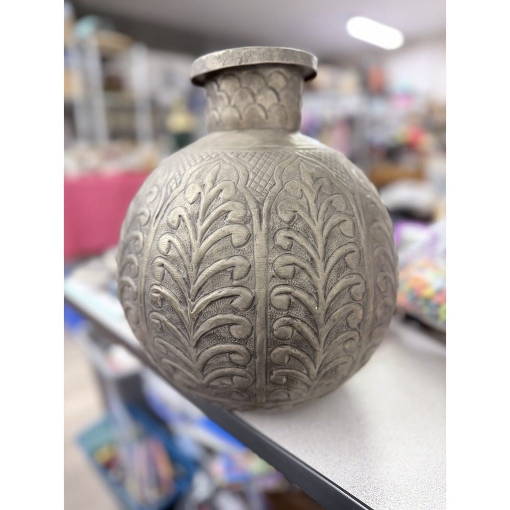 Vintage Hammered Engraved Repousse Copper Silver Indian Middle East Vase‎ Urn